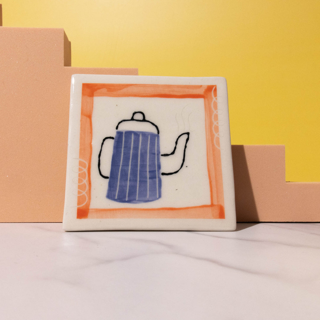 Blue Teapot Coaster Tile - Illustrated Things by Esther