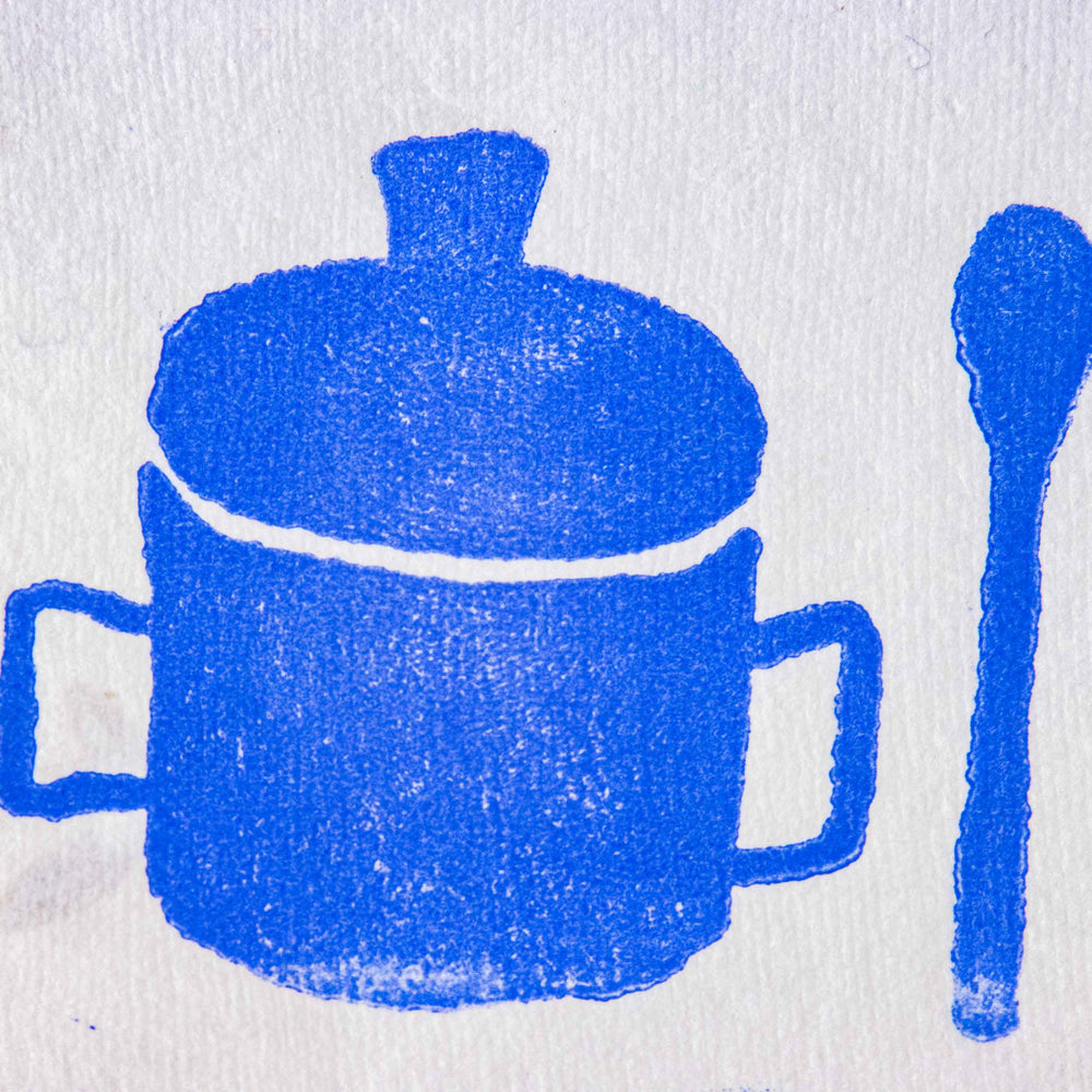 Cookware Pot and Spoon Letterpress Art Print on Handmade Recycled Cotton Paper - Illustrated Things by Esther