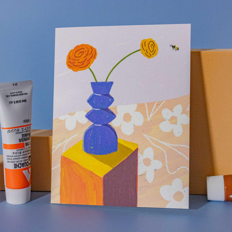 Flowers, Vase and Bee Trio Modern A2 Greeting Card - Illustrated Things by Esther