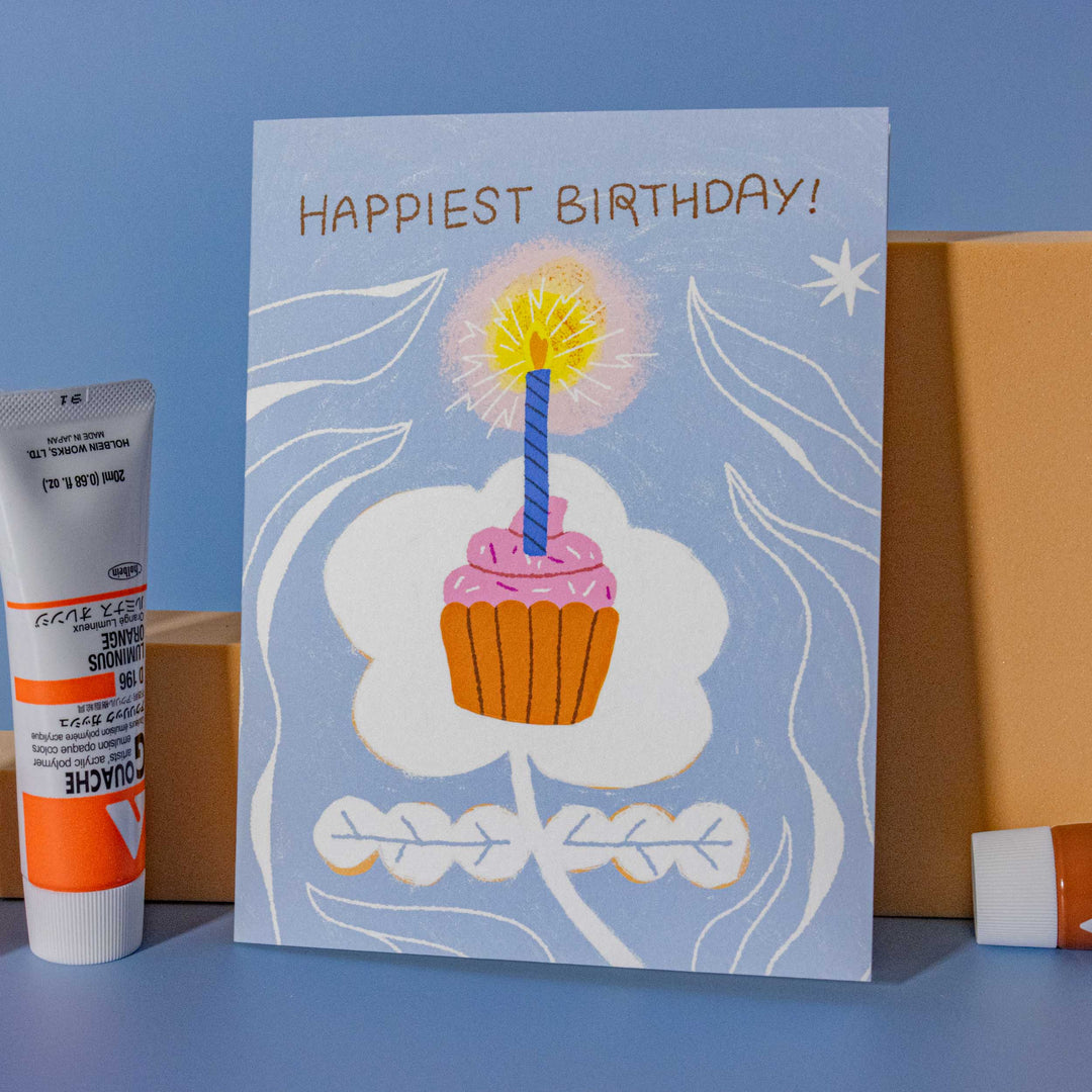 Happy Birthday Cake Candle Modern A2 Greeting Card - Illustrated Things by Esther